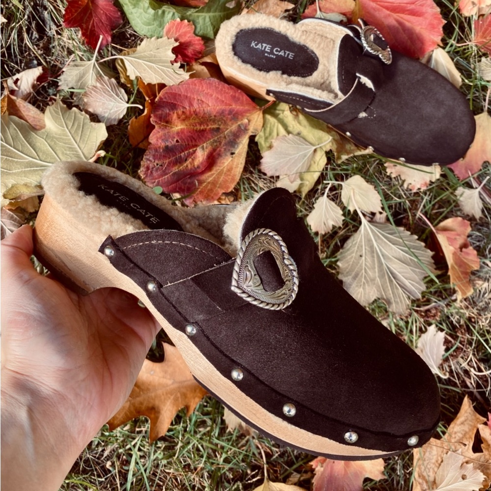 KATE CATE MILAN genuine leather suede sherpa lined clog shoes brown size 6